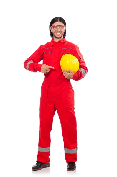 Man wearing red coveralls isolated on white — Stock Photo, Image