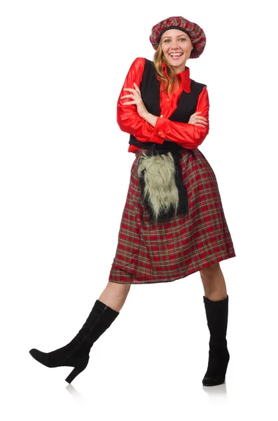 Funny woman in scottish clothing on white — Stock Photo, Image