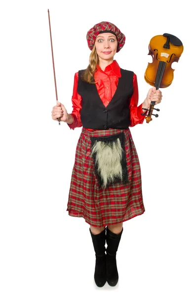 Vicces nő skót ruhában hegedűvel — Stock Fotó