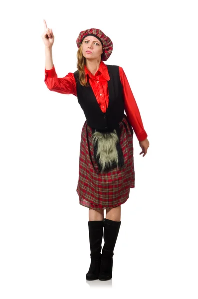 Zabawna kobieta w szkockiej odzieży na białym — Zdjęcie stockowe