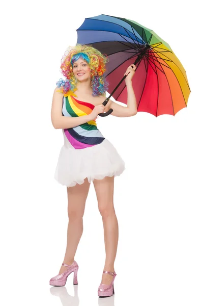 Woman with colorful umbrella on white — Stock Photo, Image