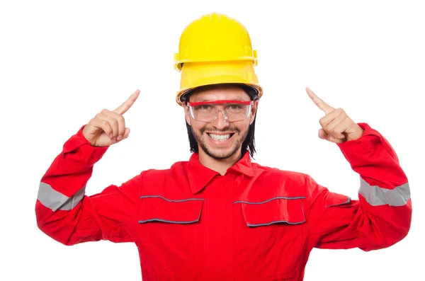 Man wearing red coveralls isolated on white — Stock Photo, Image