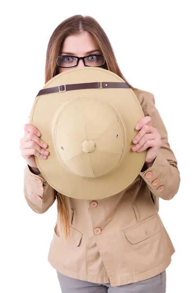 Mujer con sombrero de safari en blanco — Foto de Stock