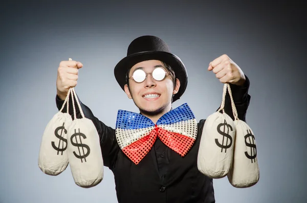 Funny man with money dollar sacks — Stock Photo, Image