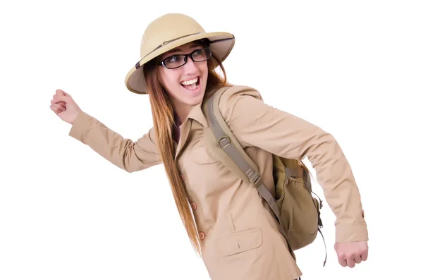 Femme portant un chapeau safari sur blanc — Photo