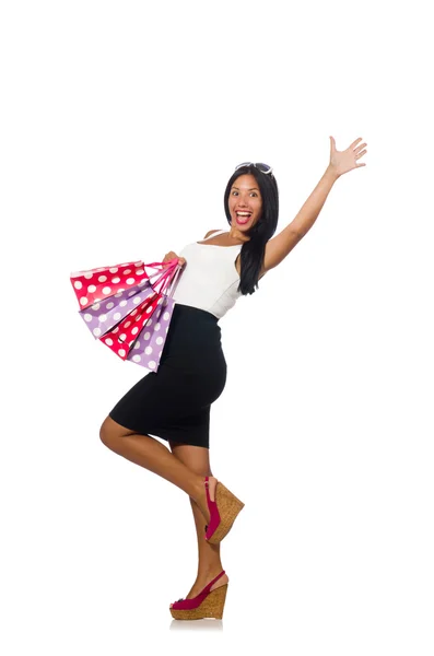 Donna con shopping bag su bianco — Foto Stock