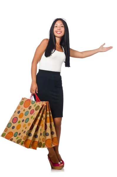 Donna con shopping bag su bianco — Foto Stock