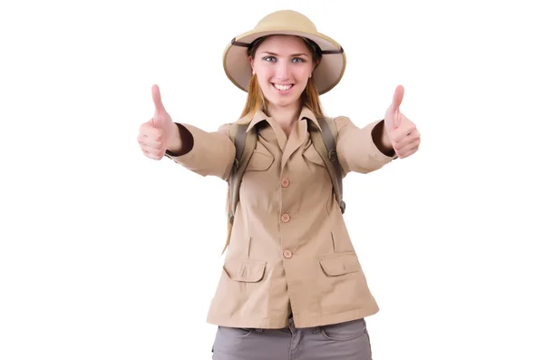 Woman wearing safari hat on white — Stock Photo, Image