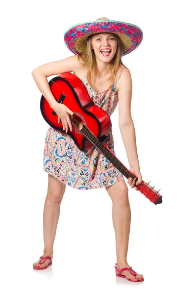 Žena v hudebním pojetí s kytarou na bílém — Stock fotografie