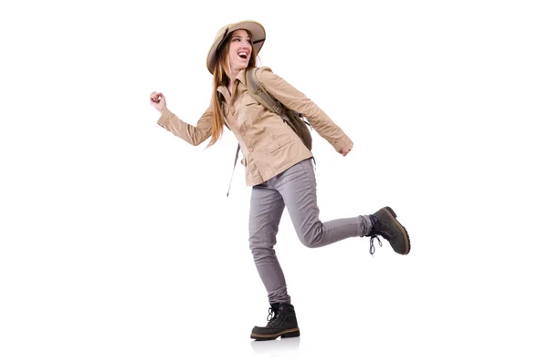 Woman wearing safari hat on white — Stock Photo, Image