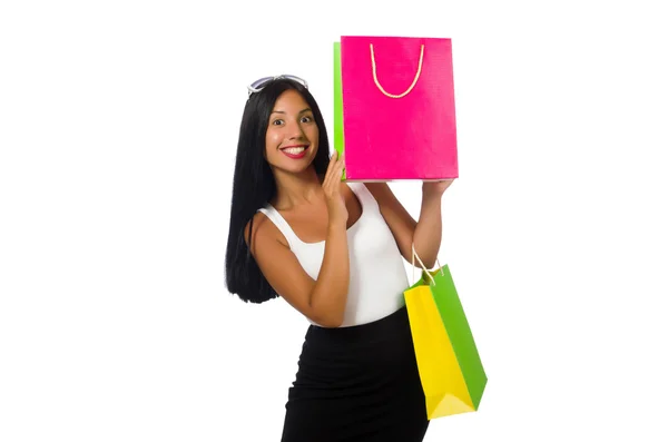 Femme avec sacs à provisions sur blanc — Photo