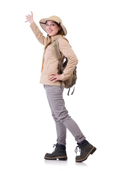 Mujer con sombrero de safari en blanco — Foto de Stock