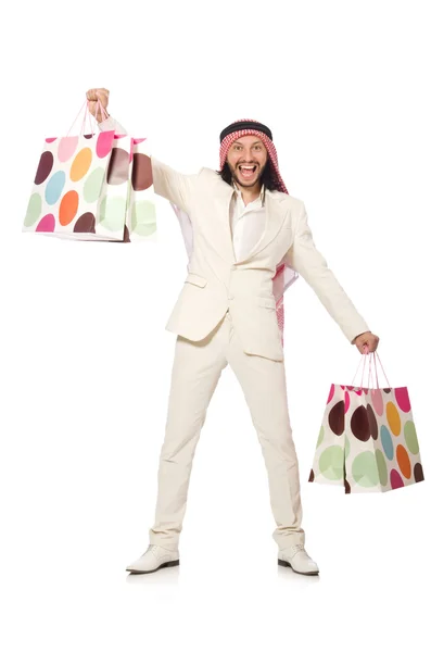 Arab man with shopping bags on white — Stock Photo, Image