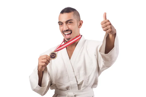 Grappige karate vechter met cup op wit — Stockfoto