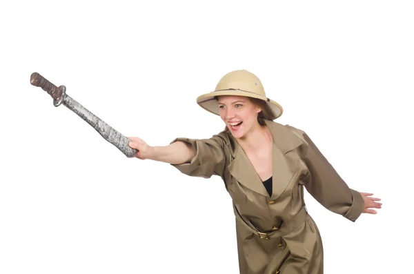 Femme portant un chapeau safari sur blanc — Photo