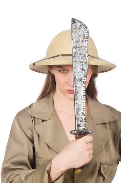 Woman wearing safari hat on white — Stock Photo, Image