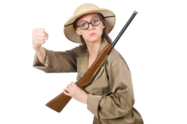 Mujer con sombrero de safari en blanco — Foto de Stock