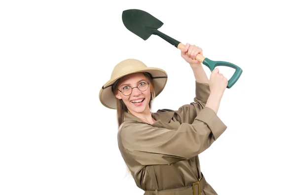 Mujer con sombrero de safari en blanco —  Fotos de Stock