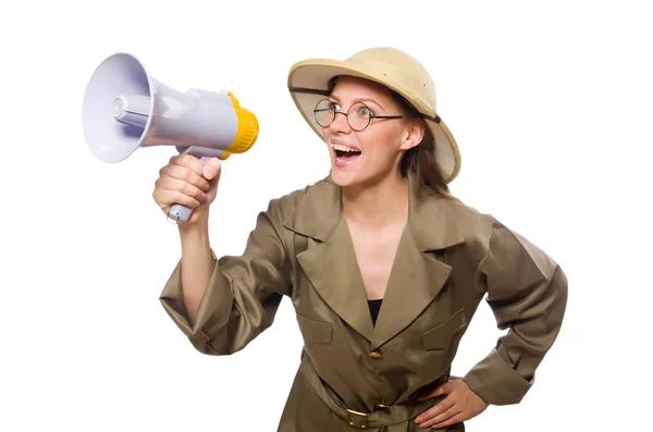 Frau mit Safari-Hut auf weißem Grund — Stockfoto