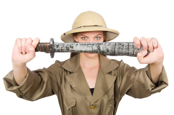 Woman wearing safari hat on white — Stock Photo, Image