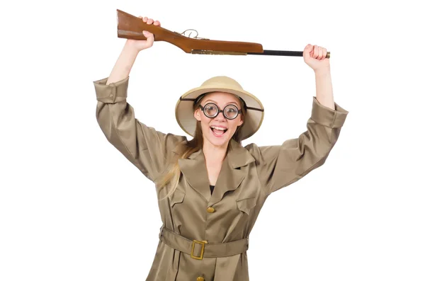 Mujer con sombrero de safari en blanco — Foto de Stock