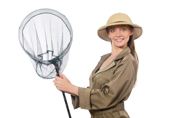 Mujer con sombrero de safari en blanco — Foto de Stock