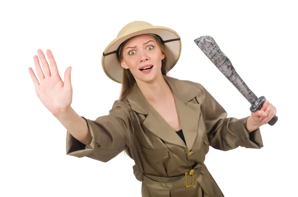 Woman wearing safari hat on white — Stock Photo, Image