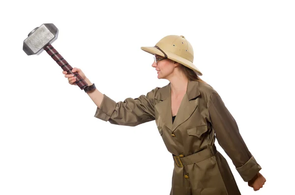 Femme portant un chapeau safari sur blanc — Photo