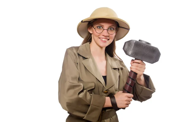 Mulher usando chapéu de safári no branco — Fotografia de Stock