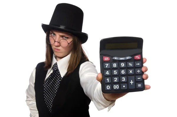 Funny woman with calculator isolated on white — Stock Photo, Image