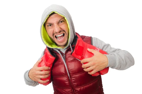 Homem usando luvas de boxe isolado no branco — Fotografia de Stock