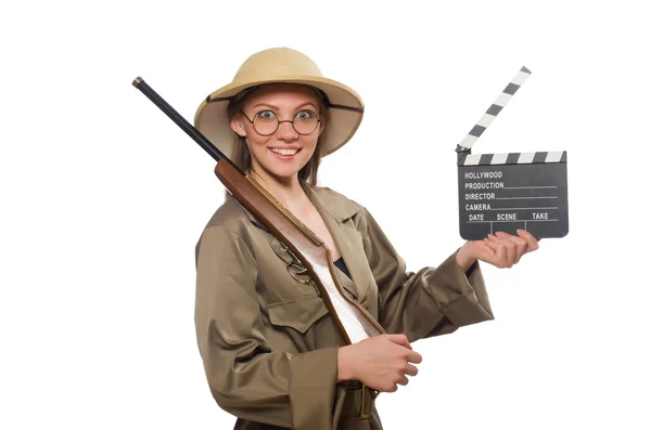 Mulher usando chapéu de safári no branco — Fotografia de Stock