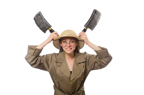Mujer con sombrero de safari en blanco — Foto de Stock