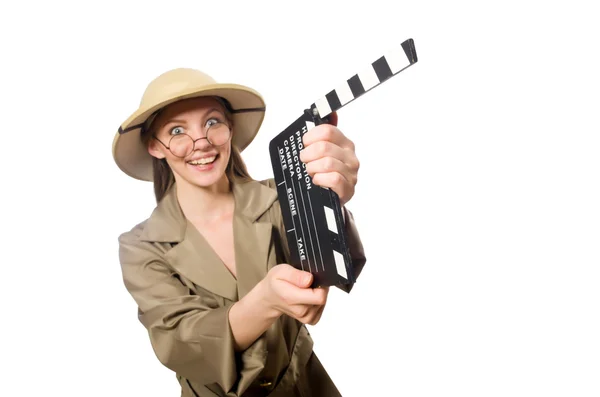 Mulher usando chapéu de safári no branco — Fotografia de Stock