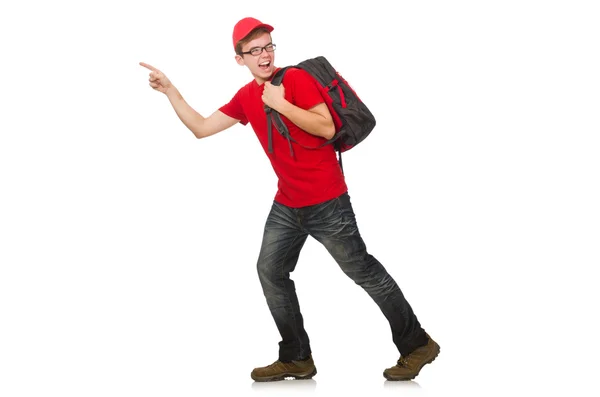 Fiatal utazó hátizsákkal elszigetelt fehér — Stock Fotó