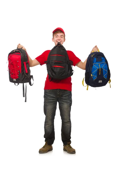Viajero joven con mochila aislada en blanco —  Fotos de Stock