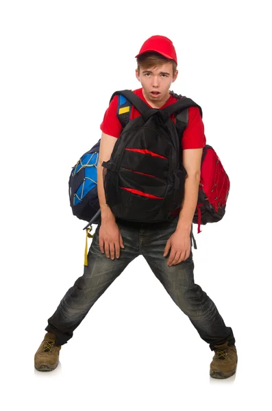 Jeune voyageur avec sac à dos isolé sur blanc — Photo