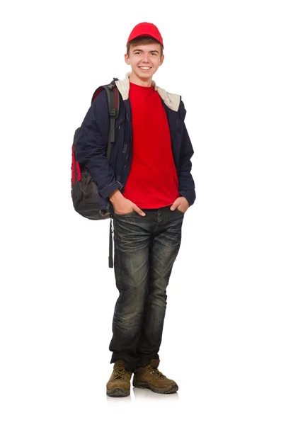 白いバックパックで隔離された若い旅行者 — ストック写真