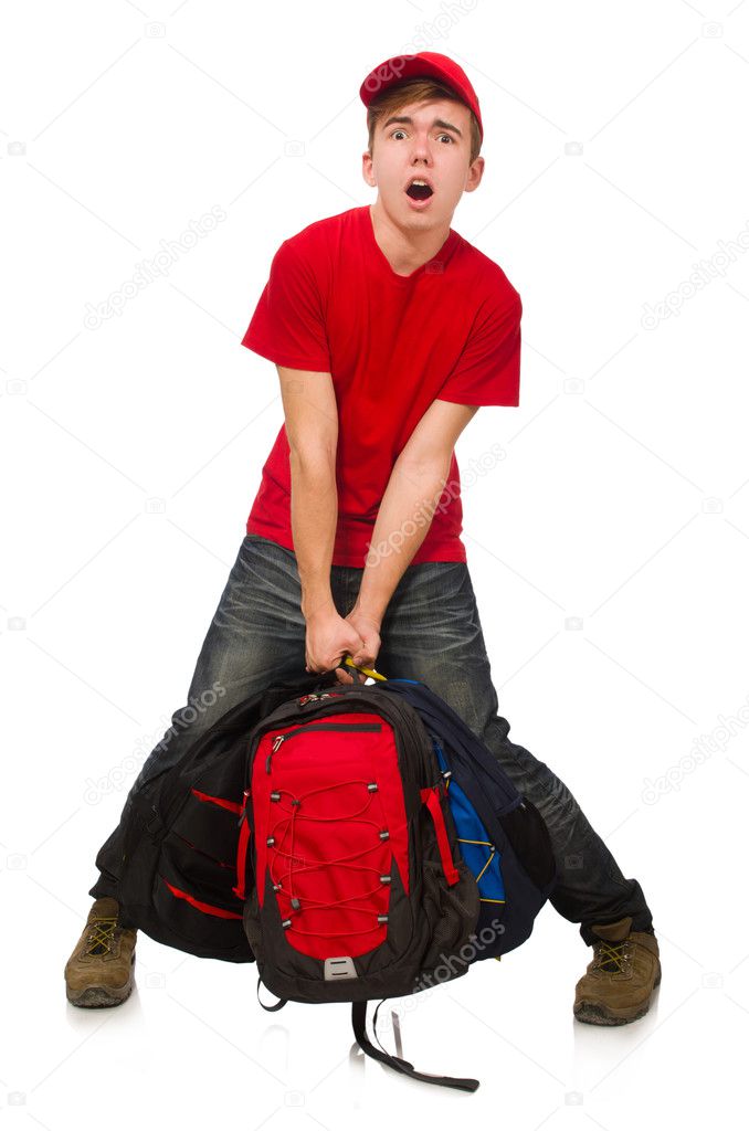 Young traveller with backpack isolated on white