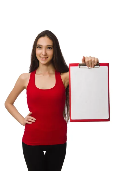 Femme avec coussin de papier isolé sur blanc — Photo