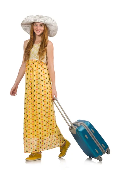 Woman ready for summer travel isolated on white — Stock Photo, Image