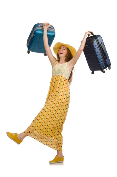 Žena připravena k letnímu cestování izolované na bílém — Stock fotografie