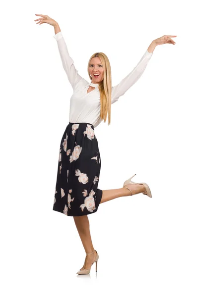 Linda chica en falda negra con flores aisladas en blanco — Foto de Stock