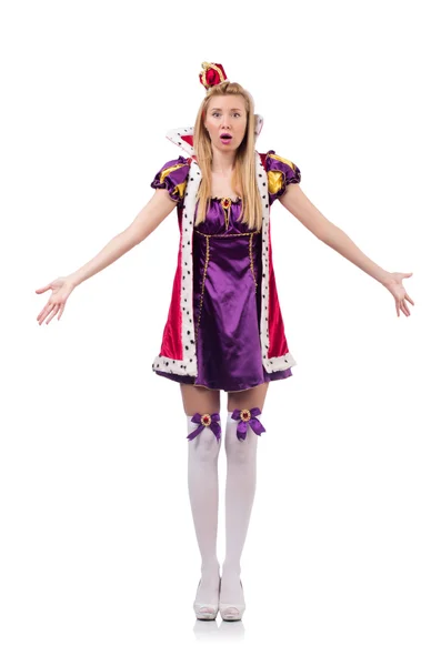 Χαριτωμένο κορίτσι φόρεμα μοβ μεταμφίεση και στέμμα απομονωθεί σε λευκό — Φωτογραφία Αρχείου