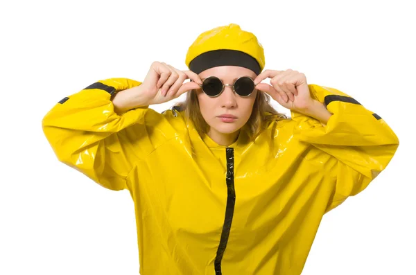 Mujer en traje amarillo aislado en blanco —  Fotos de Stock
