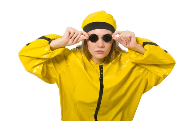 Femme en costume jaune isolé sur blanc — Photo