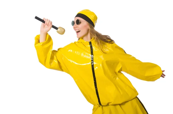 Femme en costume jaune isolé sur blanc — Photo