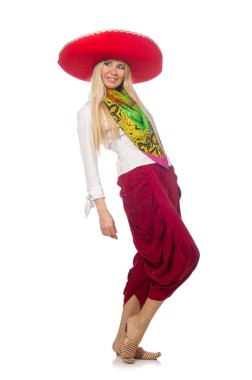 Meksikalı kız sombrero ile beyaz üzerinde dans ediyor