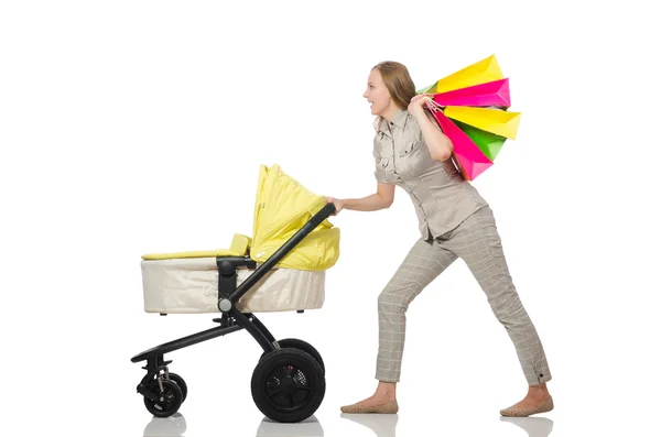 Frau mit Kinderwagen isoliert auf weißem Grund — Stockfoto