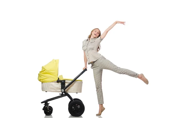 Woman with pram isolated on white — Stock Photo, Image